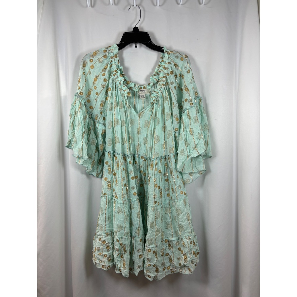 Zury Mint Green Gold Metallic Lurex Floral Tiered Boho Mini Dress Free Size